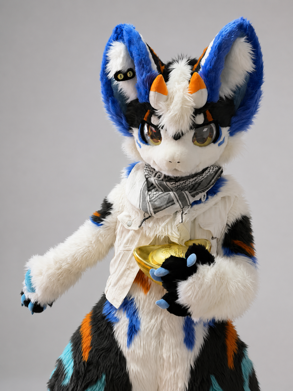 HERALD — a one-of-one kemono fullsuit by Fulu Fursuits in white, royal blue, cyan and orange, with tall ears and a long patterned tail