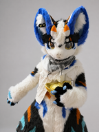 HERALD — a one-of-one kemono fullsuit by Fulu Fursuits in white, royal blue, cyan and orange, with tall ears and a long patterned tail