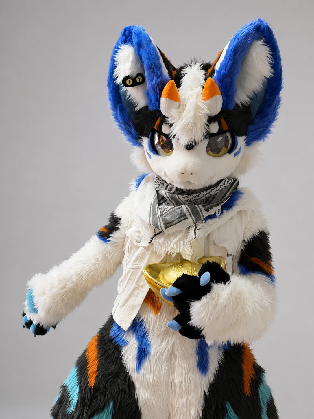 HERALD — a one-of-one kemono fullsuit by Fulu Fursuits in white, royal blue, cyan and orange, with tall ears and a long patterned tail
