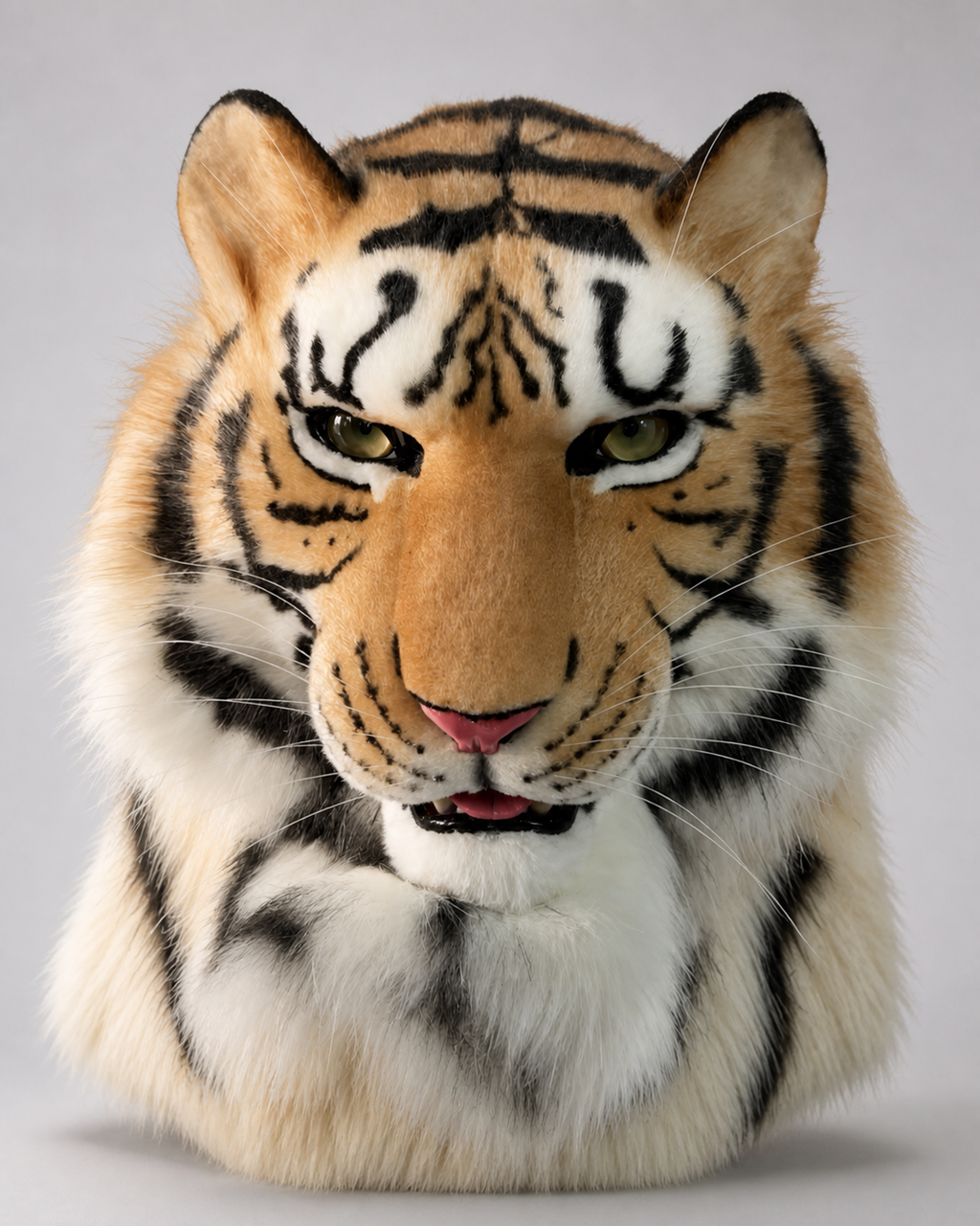 TAIGA — a one-of-one realistic tiger fursuit head by Fulu Fursuits, orange and white faux fur with black stripes and a full ruff