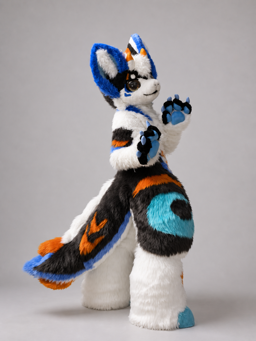 HERALD — a one-of-one kemono fullsuit by Fulu Fursuits in white, royal blue, cyan and orange, with tall ears and a long patterned tail