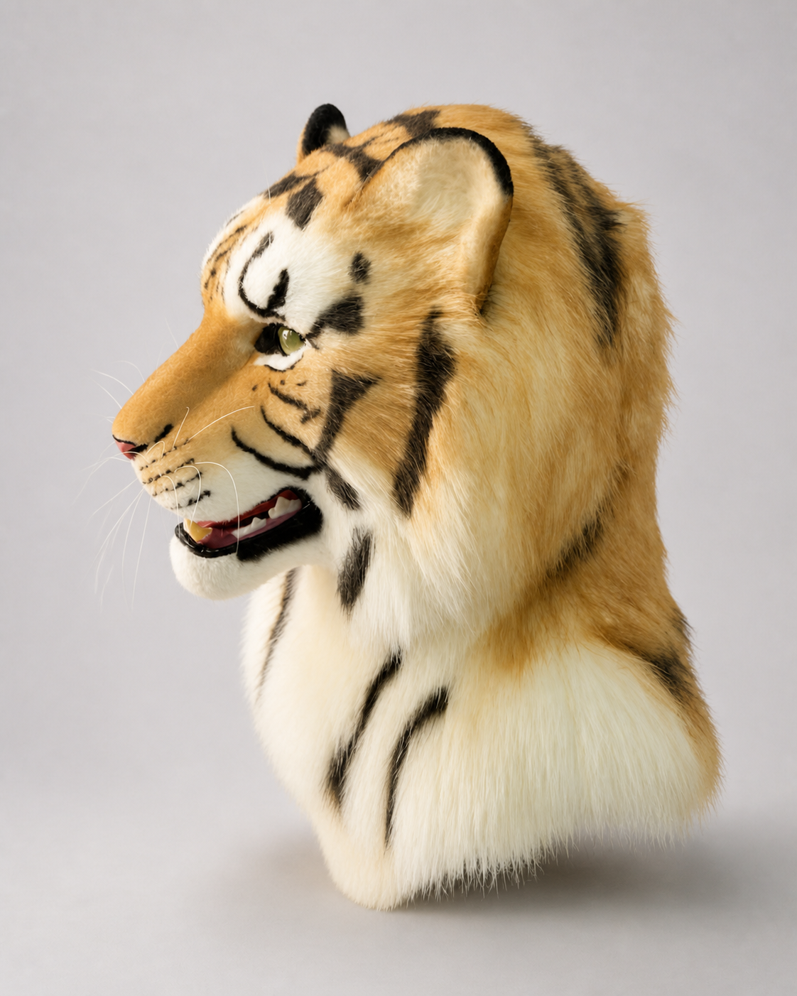 TAIGA — a one-of-one realistic tiger fursuit head by Fulu Fursuits, orange and white faux fur with black stripes and a full ruff