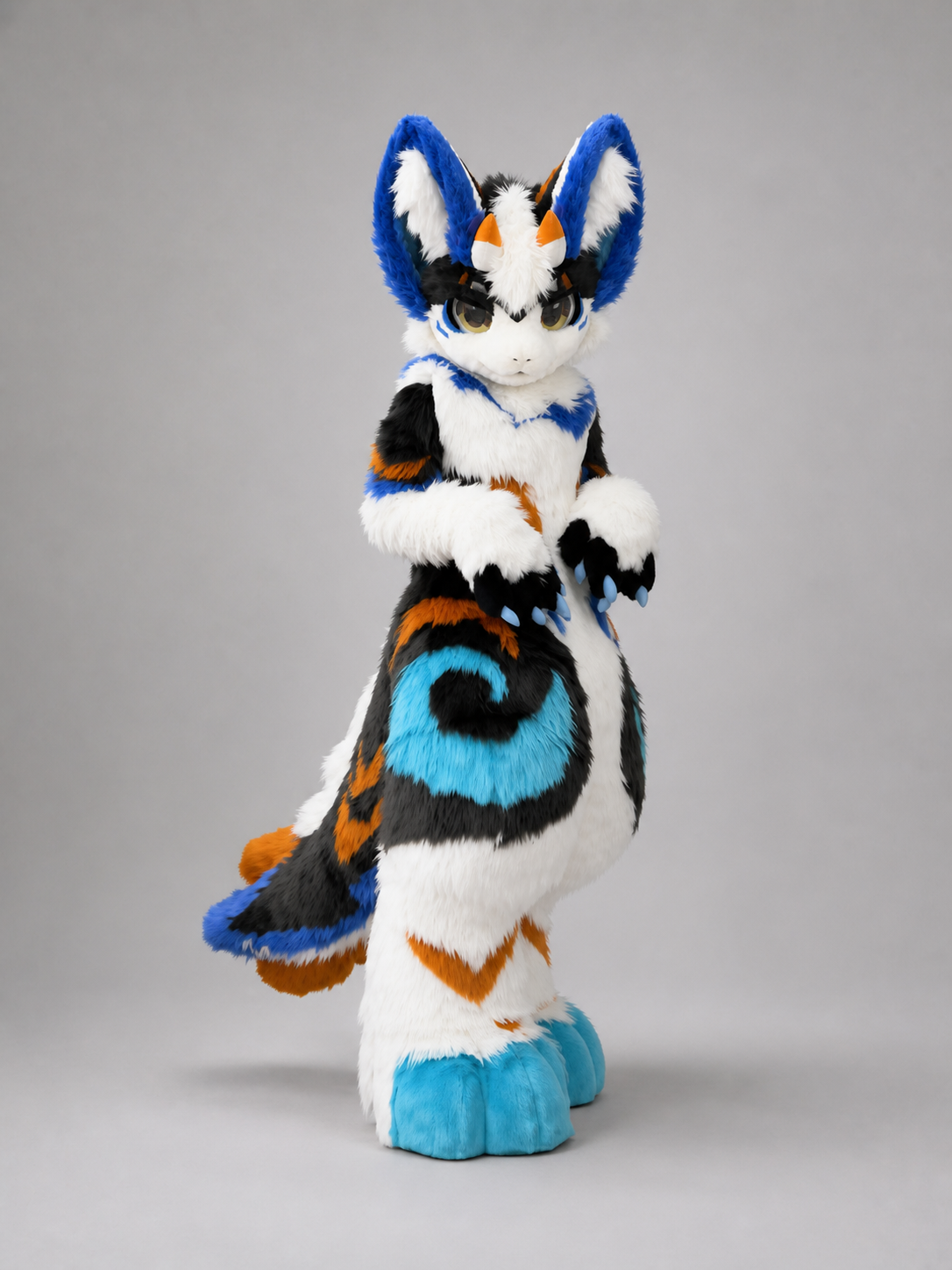 HERALD — a one-of-one kemono fullsuit by Fulu Fursuits in white, royal blue, cyan and orange, with tall ears and a long patterned tail