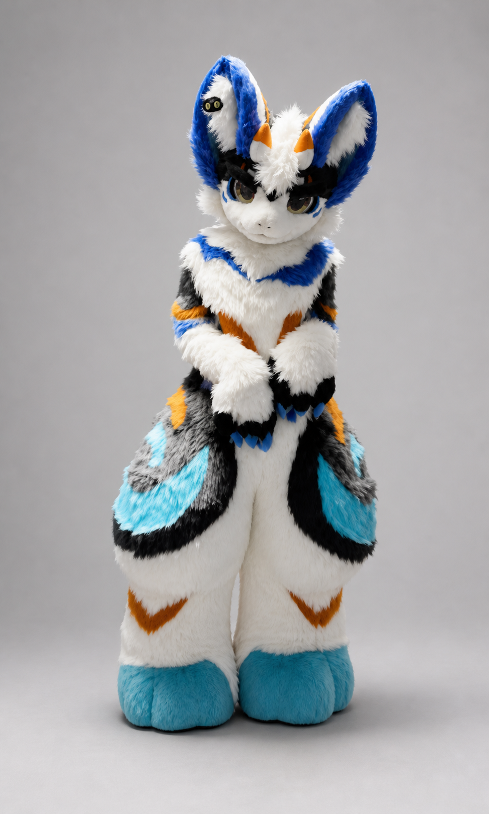 HERALD — a one-of-one kemono fullsuit by Fulu Fursuits in white, royal blue, cyan and orange, with tall ears and a long patterned tail