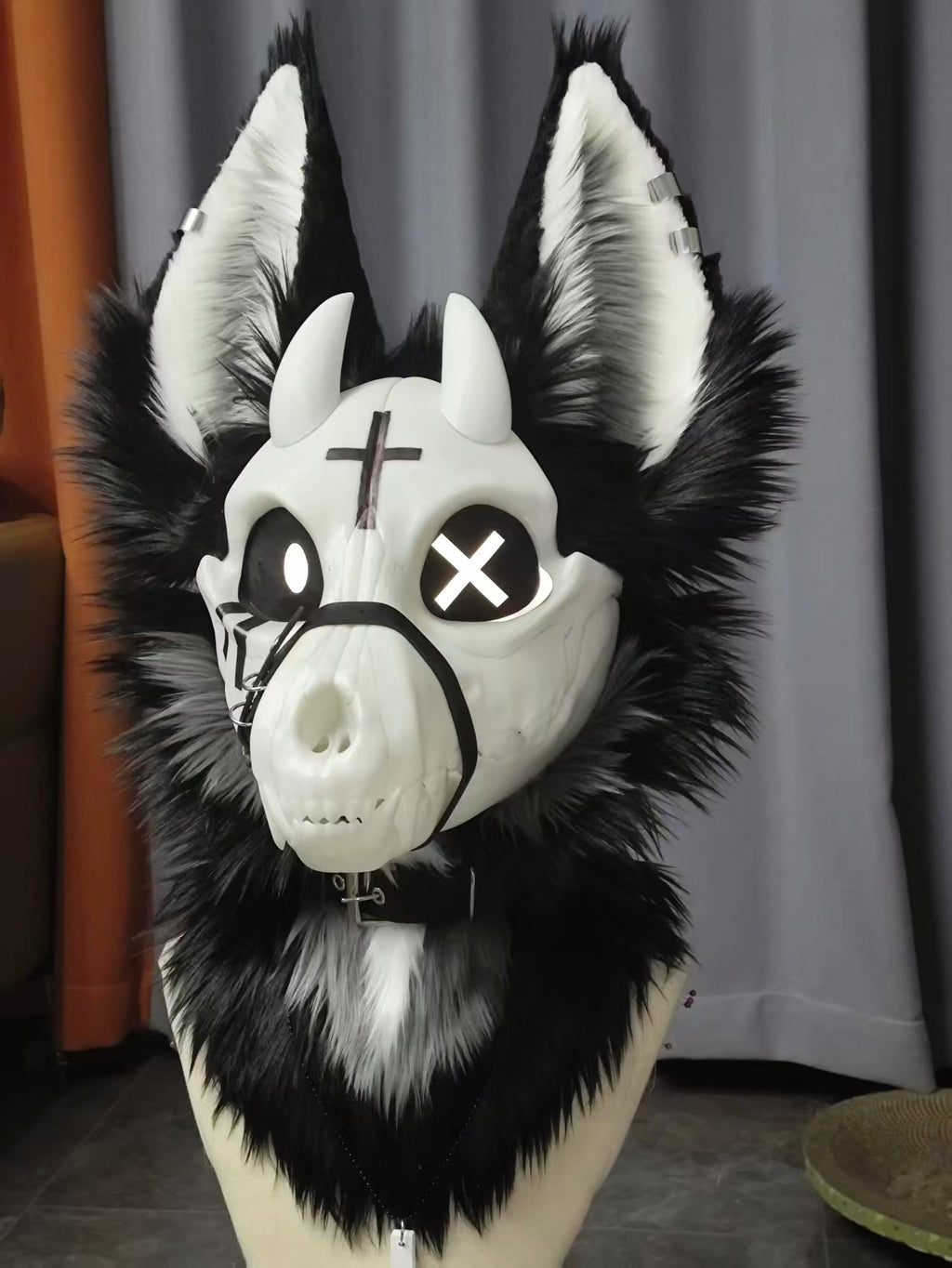 VIGIL — a one-of-one skulldog partial by Fulu Fursuits: bone faceplate, black and white fur