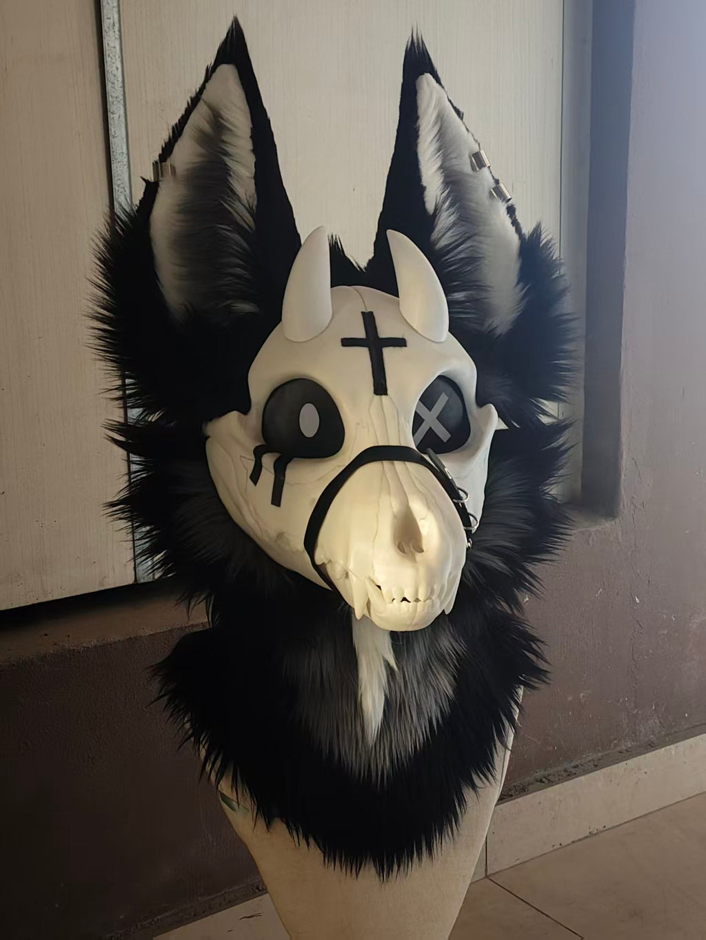 VIGIL — a one-of-one skulldog partial by Fulu Fursuits: bone faceplate, black and white fur