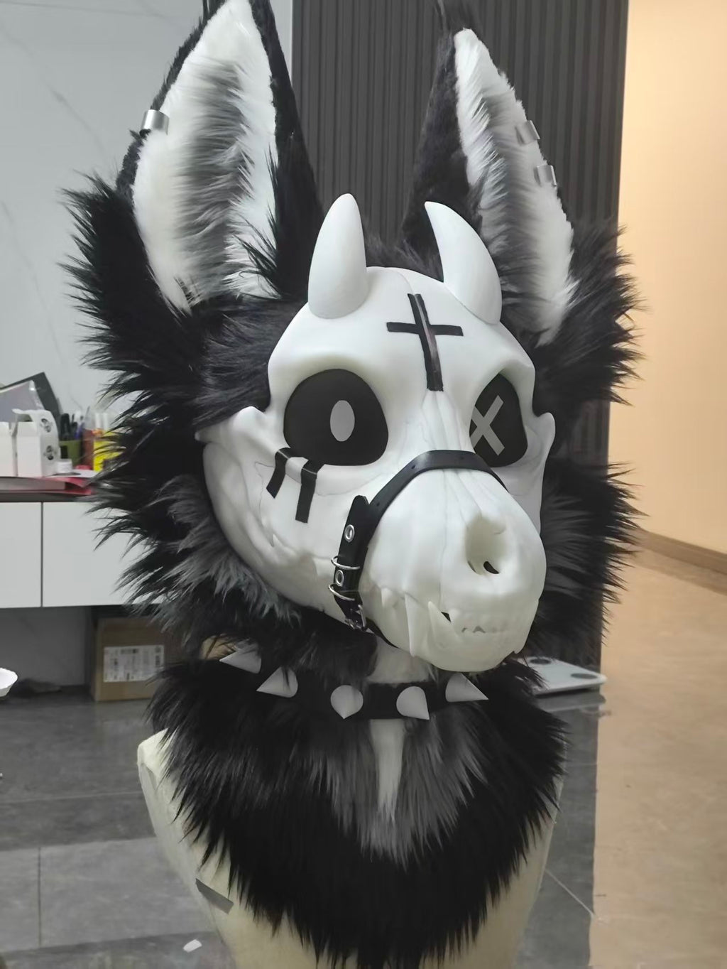 VIGIL — a one-of-one skulldog partial by Fulu Fursuits: bone faceplate, black and white fur