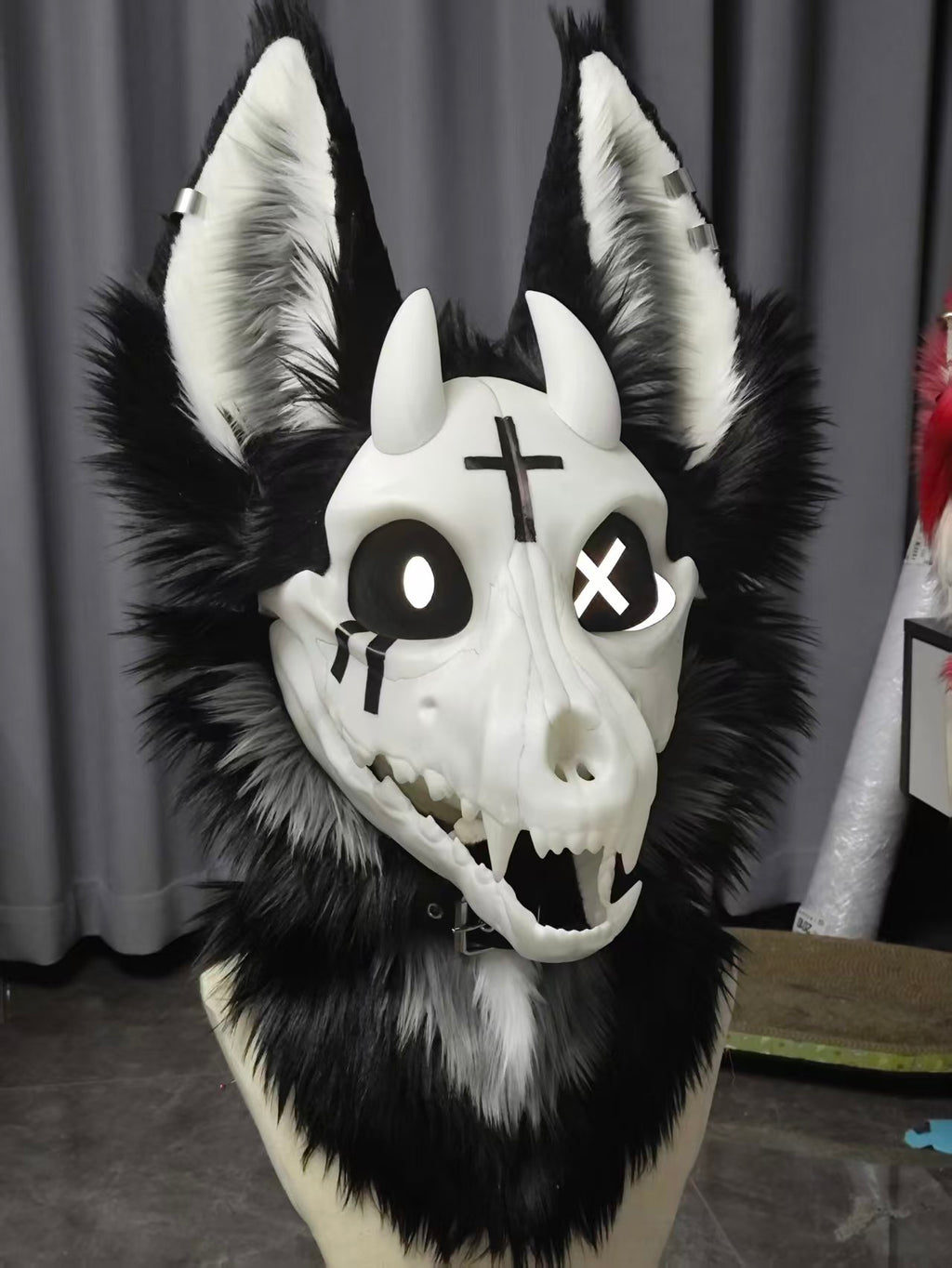 VIGIL — a one-of-one skulldog partial by Fulu Fursuits: bone faceplate, black and white fur