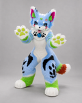 BLOOM — a one-of-one kemono fullsuit by Fulu Fursuits in sky blue, white and grass green, with magenta-lined ears and yellow-green paw pads