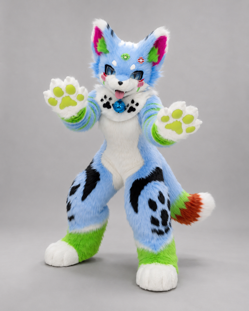 BLOOM — a one-of-one kemono fullsuit by Fulu Fursuits in sky blue, white and grass green, with magenta-lined ears and yellow-green paw pads