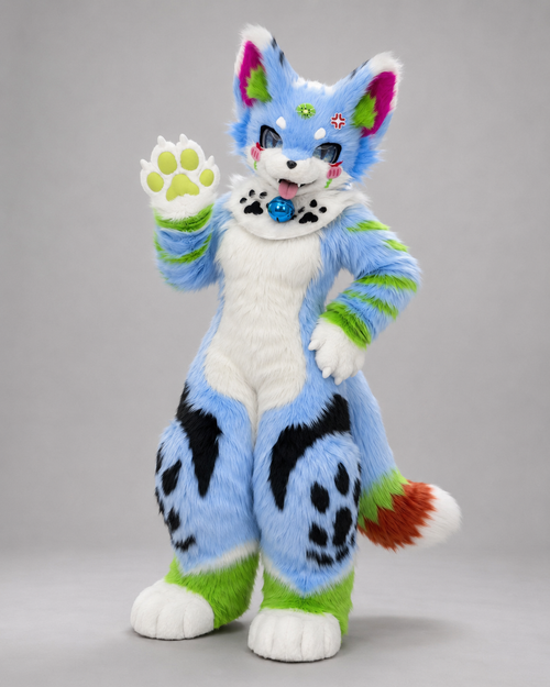 BLOOM — a one-of-one kemono fullsuit by Fulu Fursuits in sky blue, white and grass green, with magenta-lined ears and yellow-green paw pads