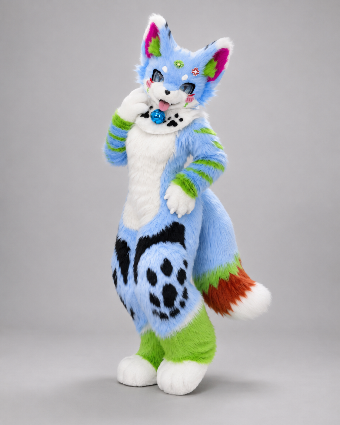 BLOOM — a one-of-one kemono fullsuit by Fulu Fursuits in sky blue, white and grass green, with magenta-lined ears and yellow-green paw pads
