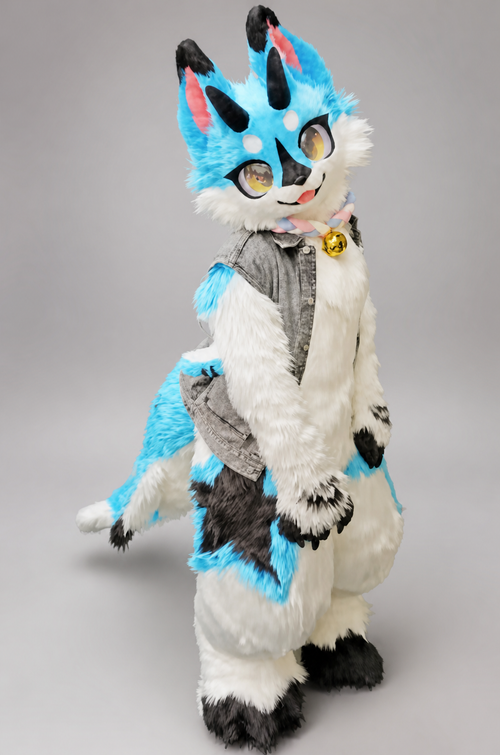 CHIME — a one-of-one kemono fullsuit by Fulu Fursuits in cream white and turquoise with black barring, tall salmon-lined ears and large amber eyes