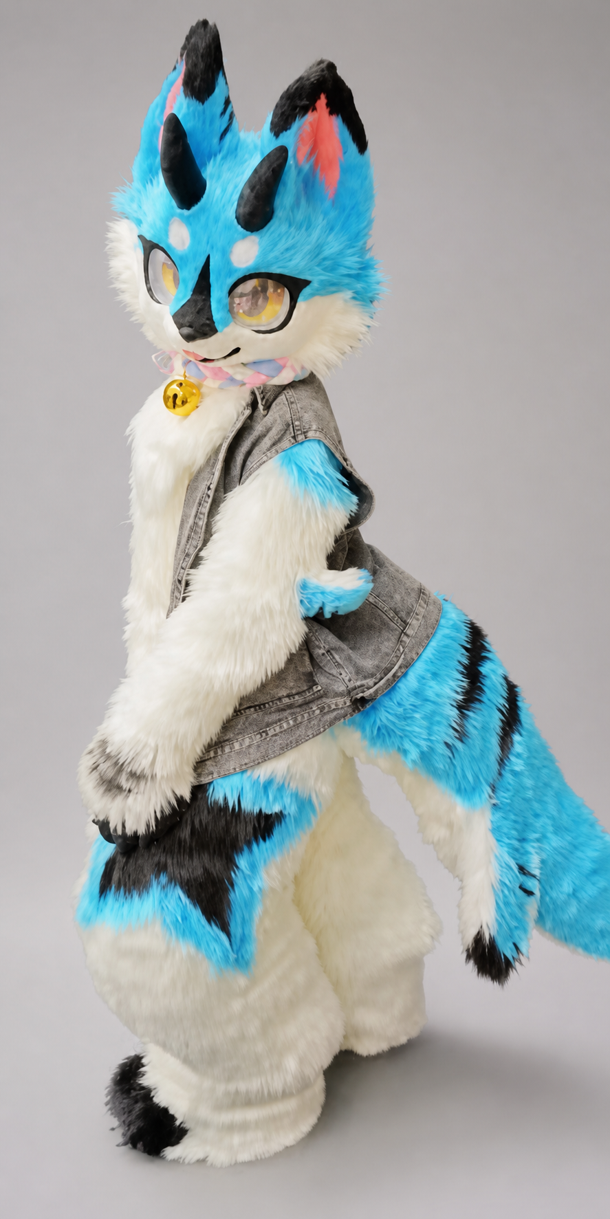 CHIME — a one-of-one kemono fullsuit by Fulu Fursuits in cream white and turquoise with black barring, tall salmon-lined ears and large amber eyes
