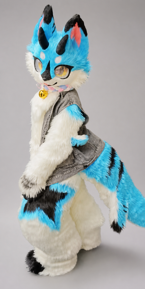 CHIME — a one-of-one kemono fullsuit by Fulu Fursuits in cream white and turquoise with black barring, tall salmon-lined ears and large amber eyes