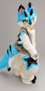 CHIME — a one-of-one kemono fullsuit by Fulu Fursuits in cream white and turquoise with black barring, tall salmon-lined ears and large amber eyes