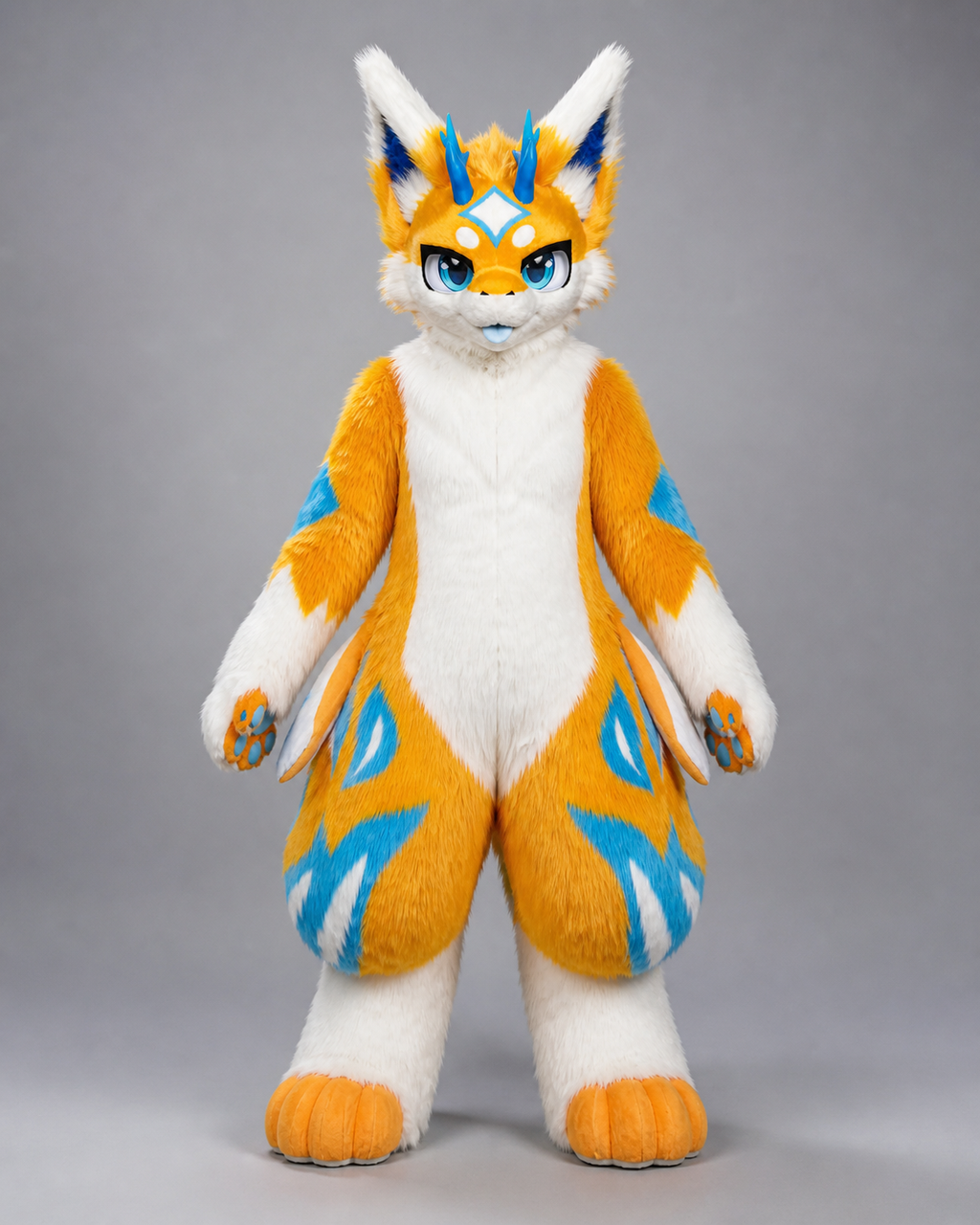 CHIYAN — a one-of-one kemono fullsuit by Fulu Fursuits in orange and white with cyan markings, four blue horns, blue eyes and a broad finned tail