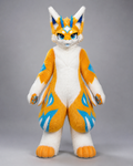 CHIYAN — a one-of-one kemono fullsuit by Fulu Fursuits in orange and white with cyan markings, four blue horns, blue eyes and a broad finned tail