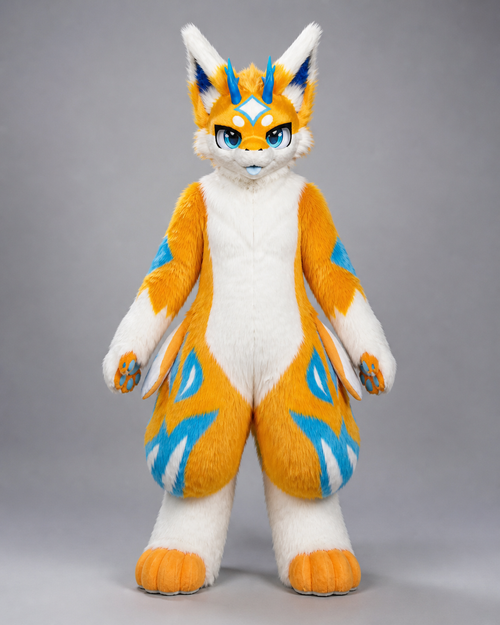 CHIYAN — a one-of-one kemono fullsuit by Fulu Fursuits in orange and white with cyan markings, four blue horns, blue eyes and a broad finned tail