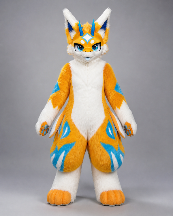 CHIYAN — a one-of-one kemono fullsuit by Fulu Fursuits in orange and white with cyan markings, four blue horns, blue eyes and a broad finned tail