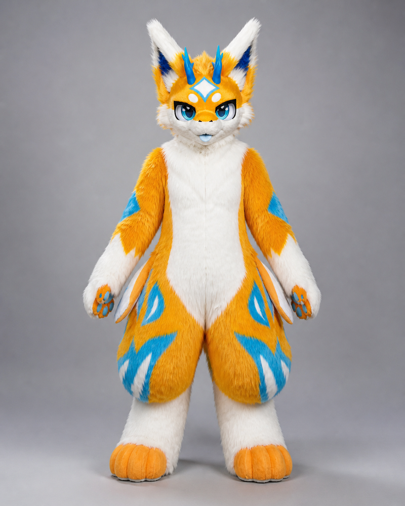 CHIYAN — a one-of-one kemono fullsuit by Fulu Fursuits in orange and white with cyan markings, four blue horns, blue eyes and a broad finned tail