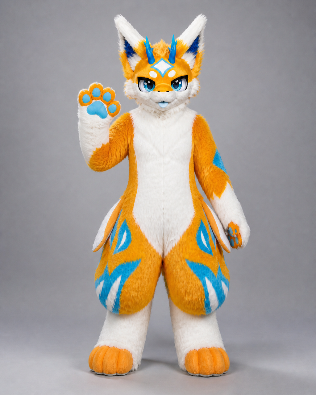 CHIYAN — a one-of-one kemono fullsuit by Fulu Fursuits in orange and white with cyan markings, four blue horns, blue eyes and a broad finned tail