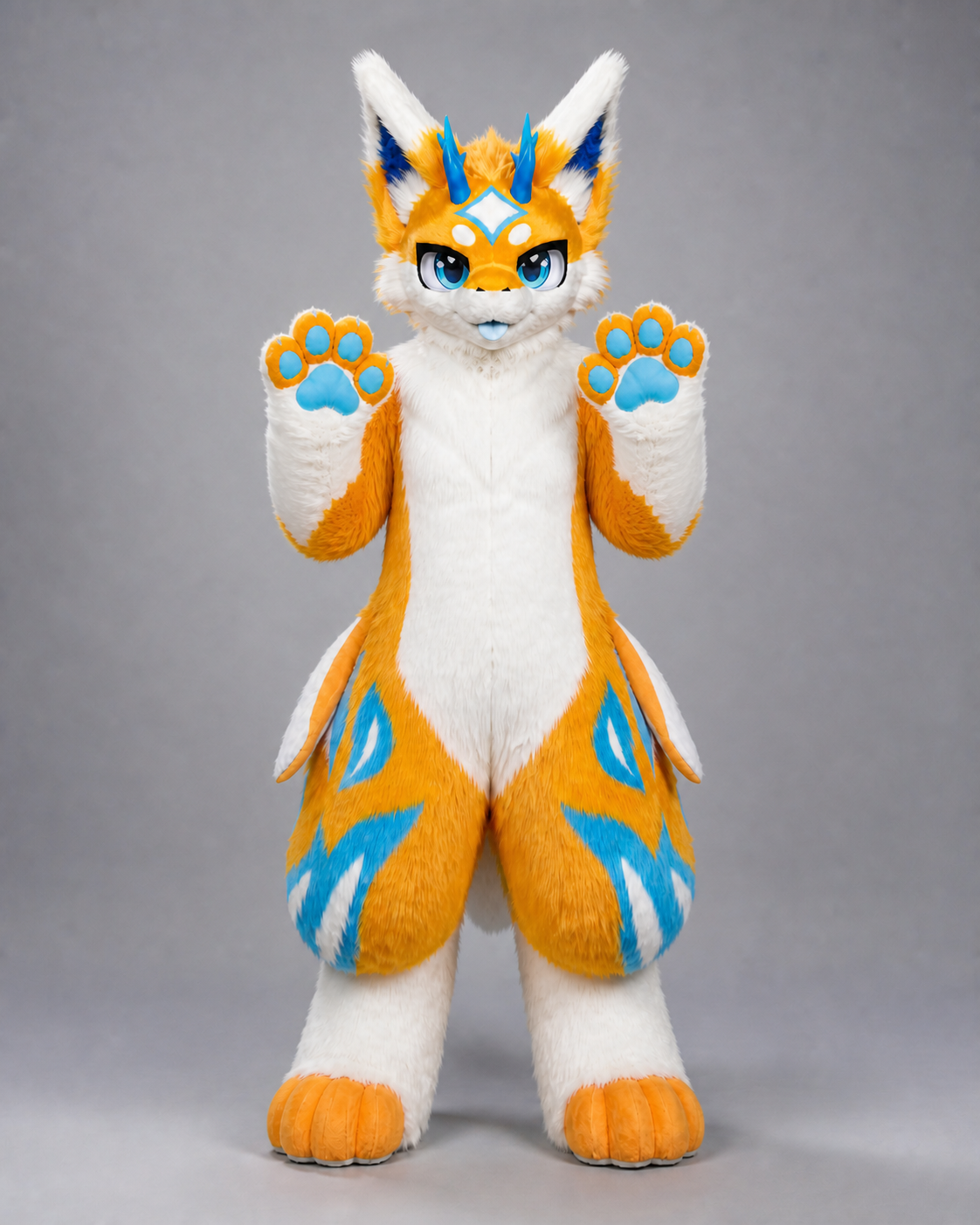 CHIYAN — a one-of-one kemono fullsuit by Fulu Fursuits in orange and white with cyan markings, four blue horns, blue eyes and a broad finned tail