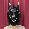 CURFEW — a one-of-one skulldog fursuit head by Fulu Fursuits: a black resin wolf skull with white teeth and an articulated jaw, leather ears and braided leather falls