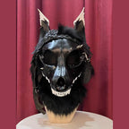 CURFEW — a one-of-one skulldog fursuit head by Fulu Fursuits: a black resin wolf skull with white teeth and an articulated jaw, leather ears and braided leather falls