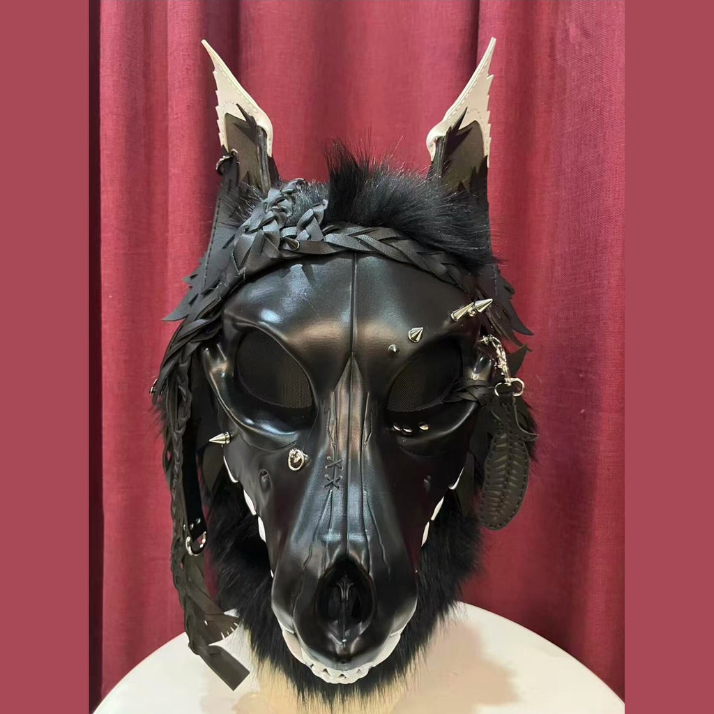 CURFEW — a one-of-one skulldog fursuit head by Fulu Fursuits: a black resin wolf skull with white teeth and an articulated jaw, leather ears and braided leather falls