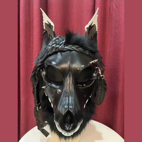 CURFEW — a one-of-one skulldog fursuit head by Fulu Fursuits: a black resin wolf skull with white teeth and an articulated jaw, leather ears and braided leather falls
