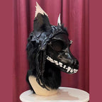 CURFEW — a one-of-one skulldog fursuit head by Fulu Fursuits: a black resin wolf skull with white teeth and an articulated jaw, leather ears and braided leather falls