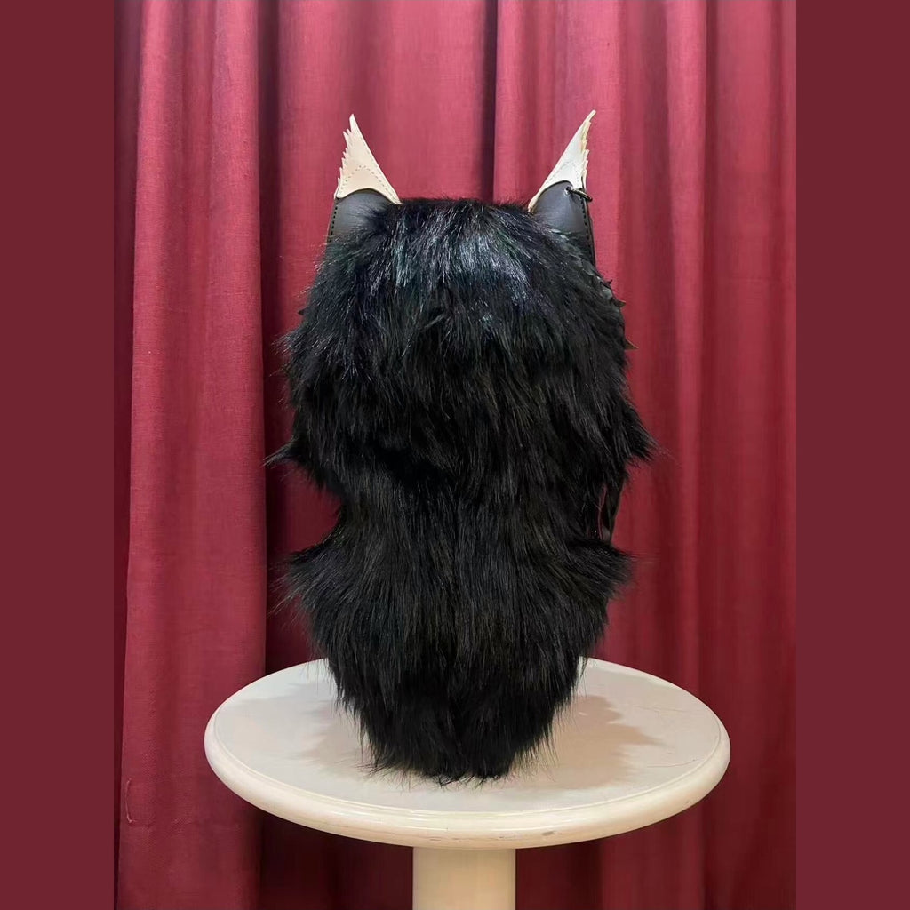 CURFEW — a one-of-one skulldog fursuit head by Fulu Fursuits: a black resin wolf skull with white teeth and an articulated jaw, leather ears and braided leather falls