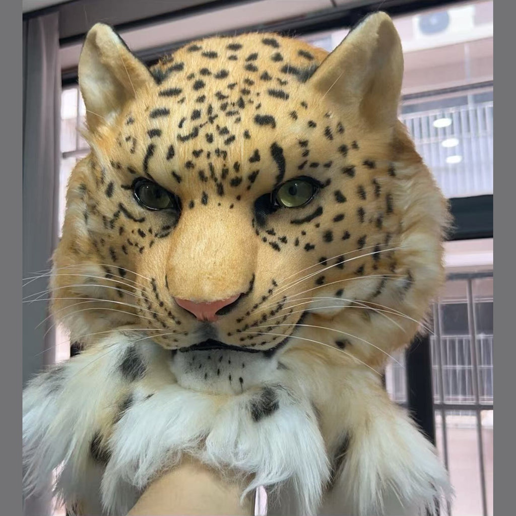 DAPPLE — a one-of-one realistic leopard fursuit head by Fulu Fursuits, golden fur with black rosettes and green eyes