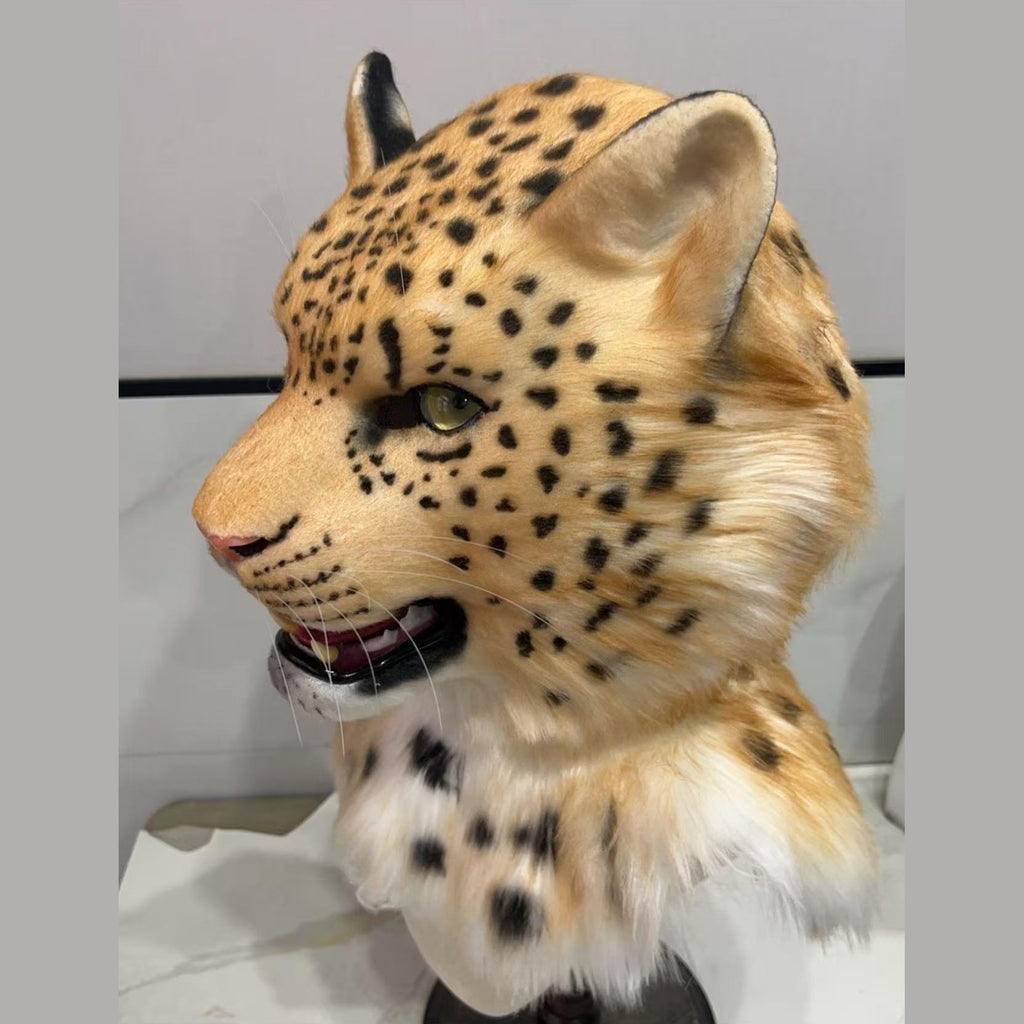 DAPPLE — a one-of-one realistic leopard fursuit head by Fulu Fursuits, golden fur with black rosettes and green eyes