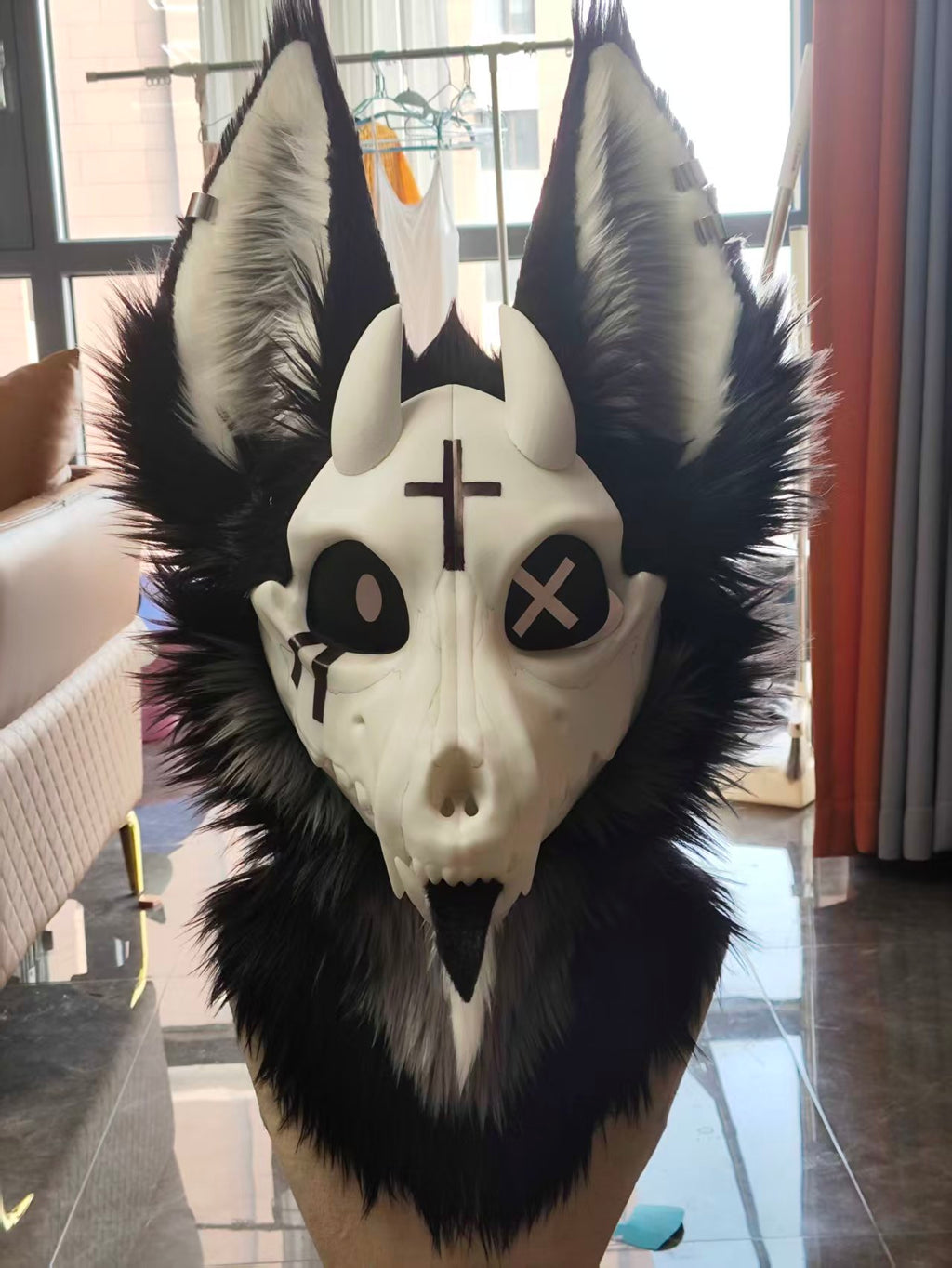 VIGIL — a one-of-one skulldog partial by Fulu Fursuits: bone faceplate, black and white fur