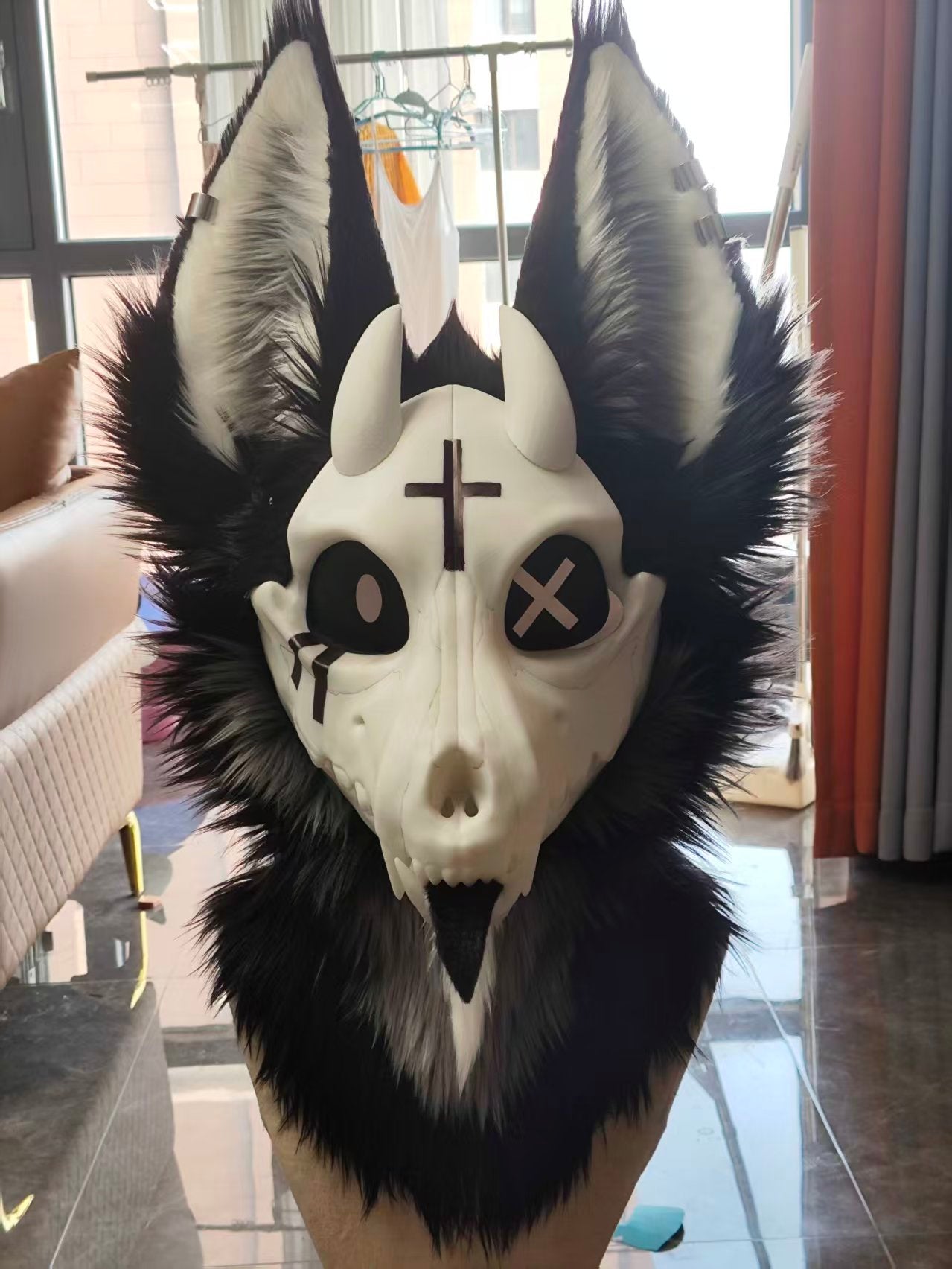 VIGIL — a one-of-one skulldog partial by Fulu Fursuits: bone faceplate, black and white fur