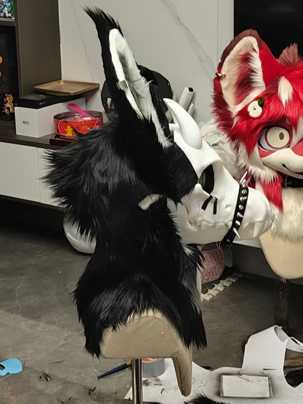 VIGIL — a one-of-one skulldog partial by Fulu Fursuits: bone faceplate, black and white fur