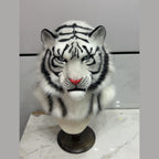 FROST — a one-of-one realistic white tiger fursuit head by Fulu Fursuits, white faux fur with black stripes, pale green eyes and a coral nose