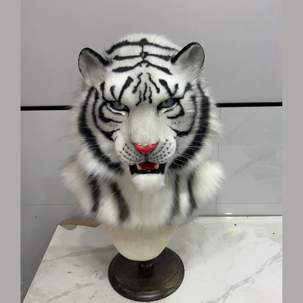 FROST — a one-of-one realistic white tiger fursuit head by Fulu Fursuits, white faux fur with black stripes, pale green eyes and a coral nose