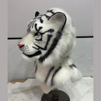 FROST — a one-of-one realistic white tiger fursuit head by Fulu Fursuits, white faux fur with black stripes, pale green eyes and a coral nose