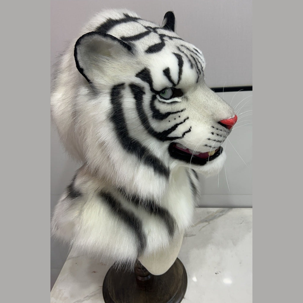 FROST — a one-of-one realistic white tiger fursuit head by Fulu Fursuits, white faux fur with black stripes, pale green eyes and a coral nose