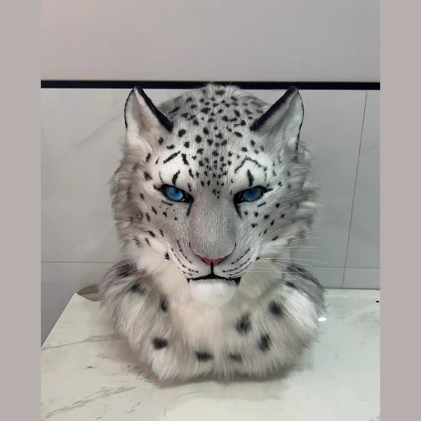 GHOST — a one-of-one realistic snow leopard partial by Fulu Fursuits: head, handpaws and tail in gray and white with black rosettes and blue eyes
