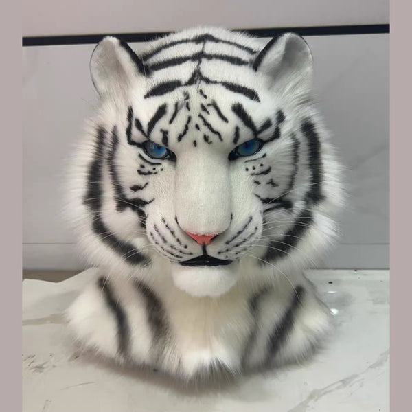 GLACIER — a one-of-one realistic white tiger partial by Fulu Fursuits: head, handpaws and tail in white faux fur with black stripes and blue eyes