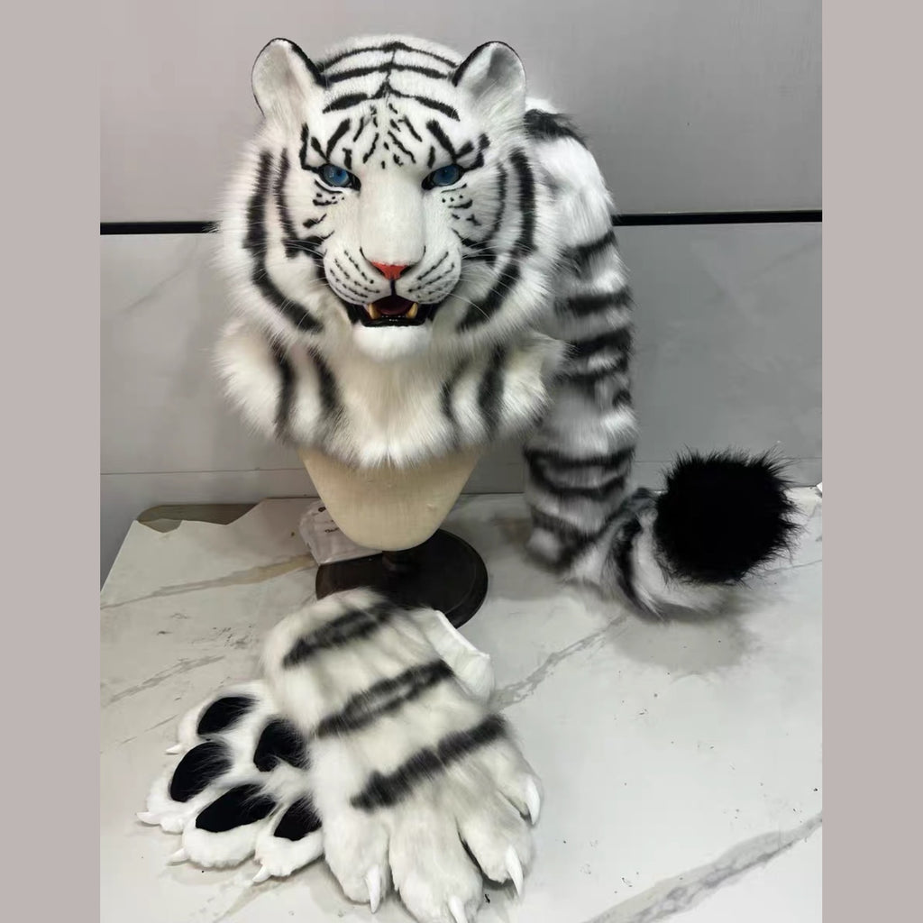 GLACIER — a one-of-one realistic white tiger partial by Fulu Fursuits: head, handpaws and tail in white faux fur with black stripes and blue eyes