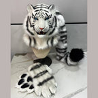 GLACIER — a one-of-one realistic white tiger partial by Fulu Fursuits: head, handpaws and tail in white faux fur with black stripes and blue eyes