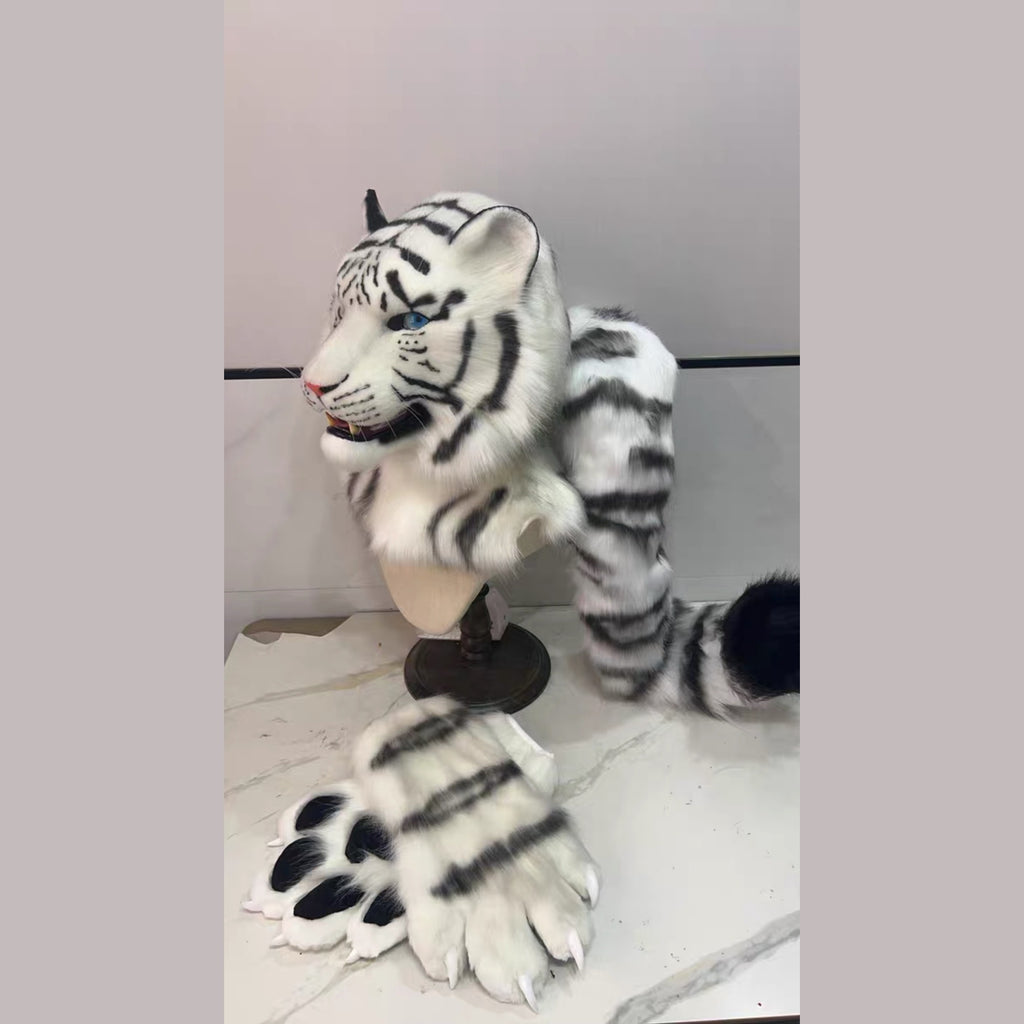 GLACIER — a one-of-one realistic white tiger partial by Fulu Fursuits: head, handpaws and tail in white faux fur with black stripes and blue eyes