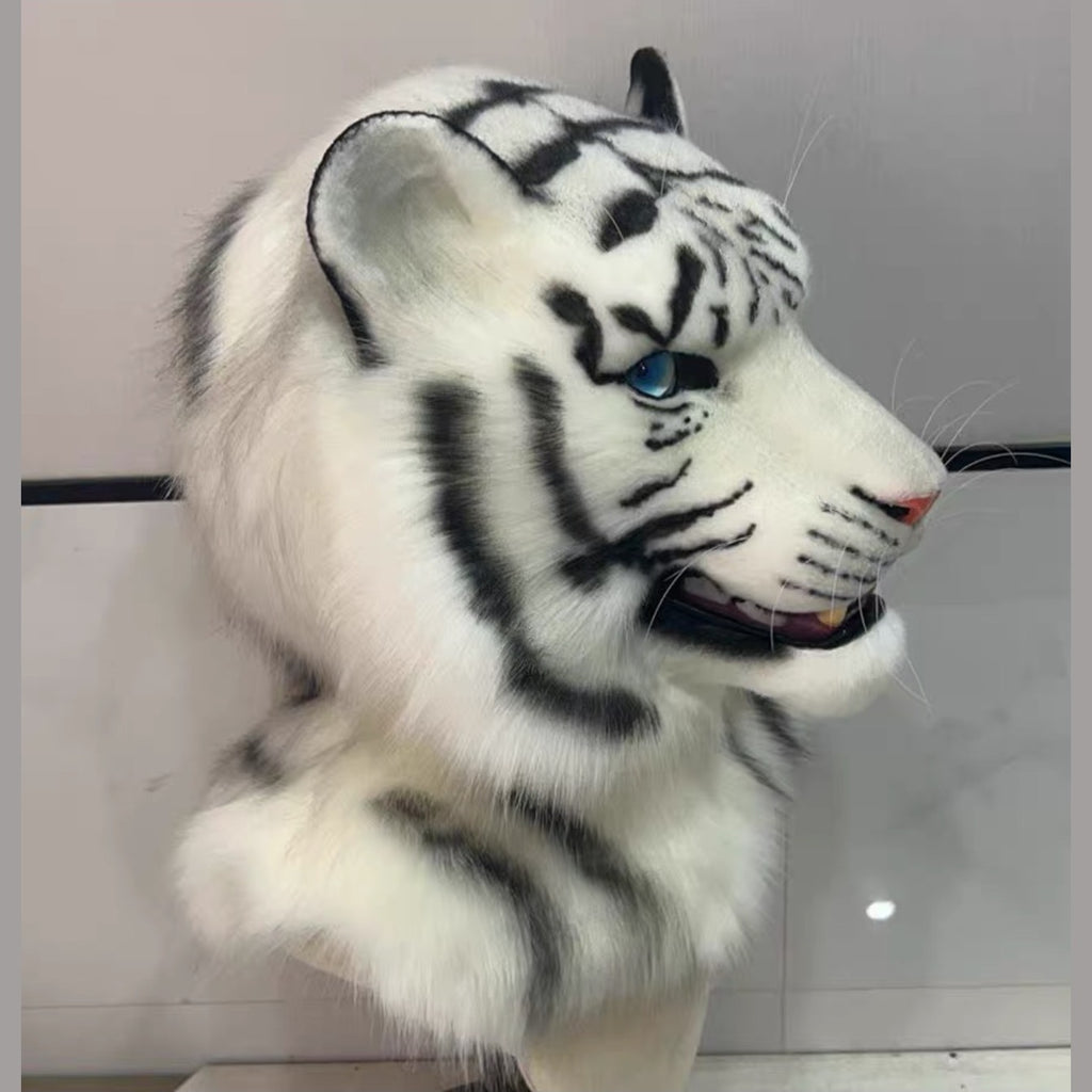 GLACIER — a one-of-one realistic white tiger partial by Fulu Fursuits: head, handpaws and tail in white faux fur with black stripes and blue eyes