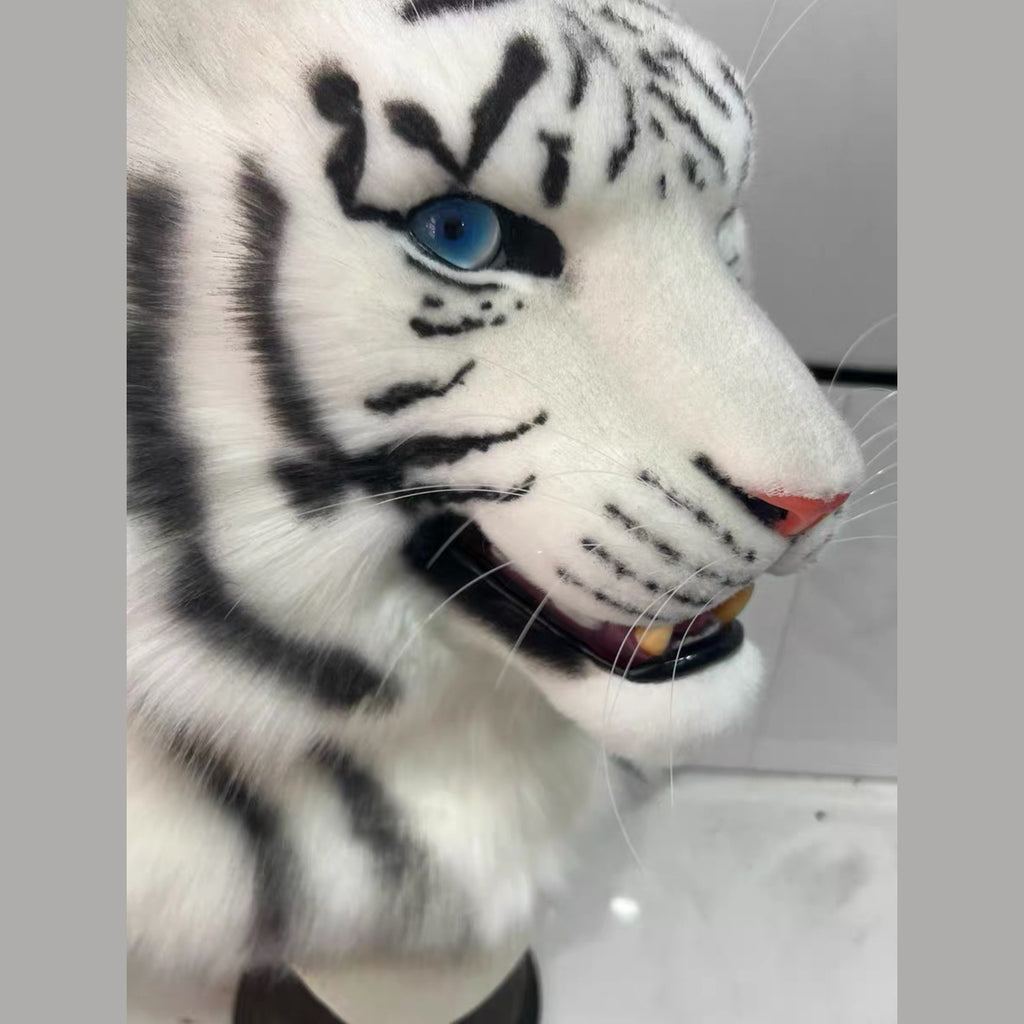 GLACIER — a one-of-one realistic white tiger partial by Fulu Fursuits: head, handpaws and tail in white faux fur with black stripes and blue eyes
