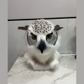 HUSH — a one-of-one realistic owl fursuit head by Fulu Fursuits, white with black flecking, yellow eyes and a black beak
